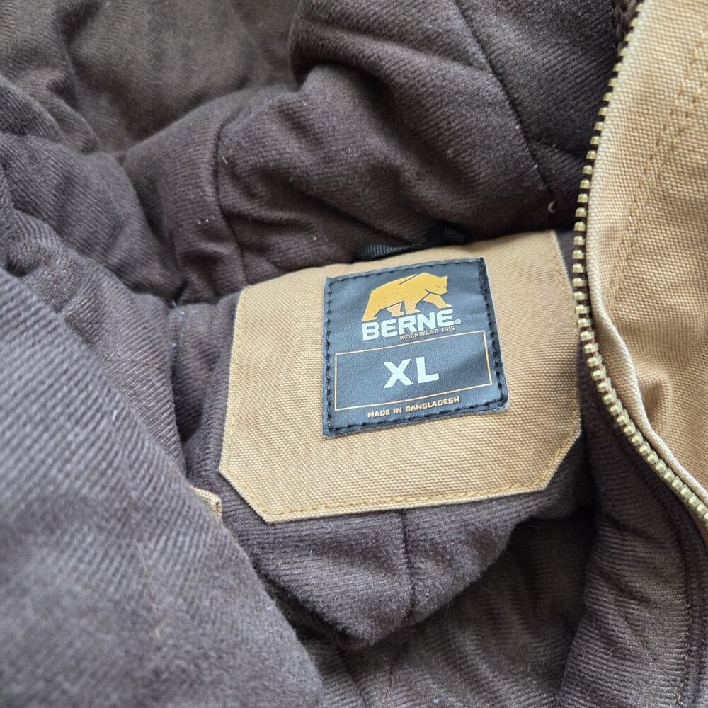 Berne Jacket Mens XL Brown Full Zip Front Pocket Winter Insulated Hooded Logo - Picture 3 of 7